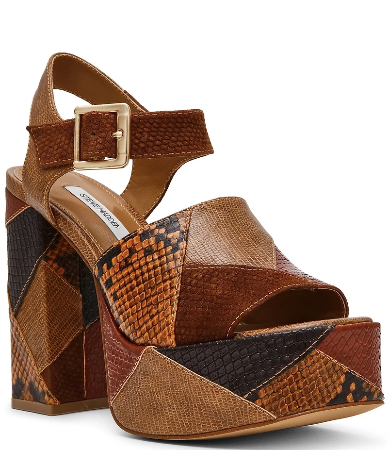 Steve Madden Halea Snake Print Patchwork Block Heel Platform Sandals
