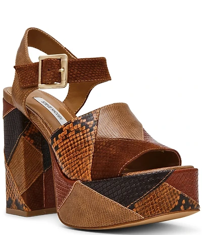 Steve Madden Halea Snake Print Patchwork Block Heel Platform Sandals