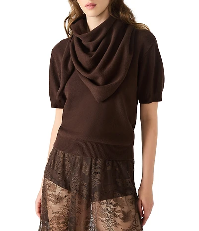 Steve Madden Hermia High Neck Detachable Scarf Half Sleeve Sweater Top