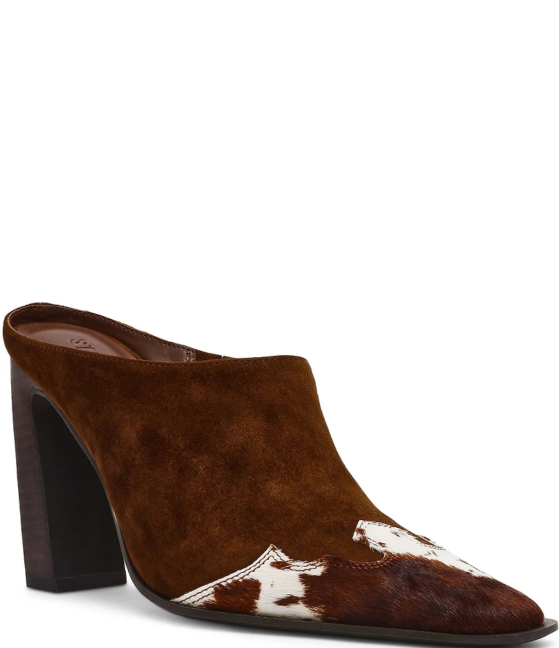 Steve Madden Houston Suede Cow Print Haircalf Cap Toe Western Mules
