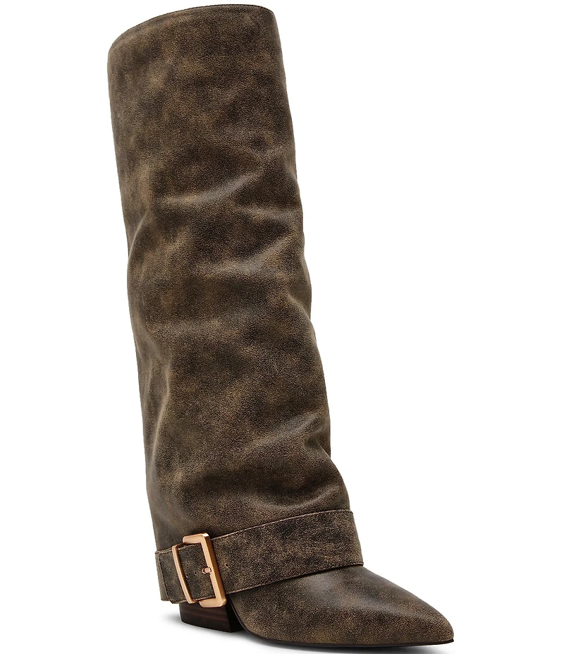 Steve Madden Illuzion Distressed Leather Buckle Hardware Foldover Tall Boots