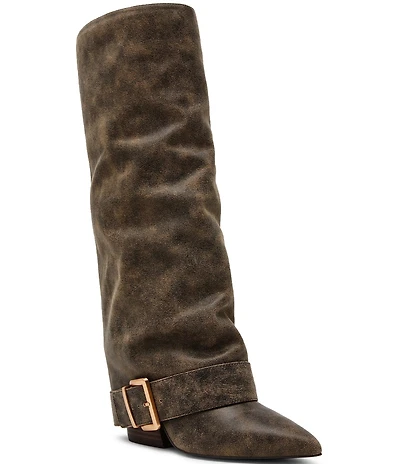 Steve Madden Illuzion Distressed Leather Buckle Hardware Foldover Tall Boots