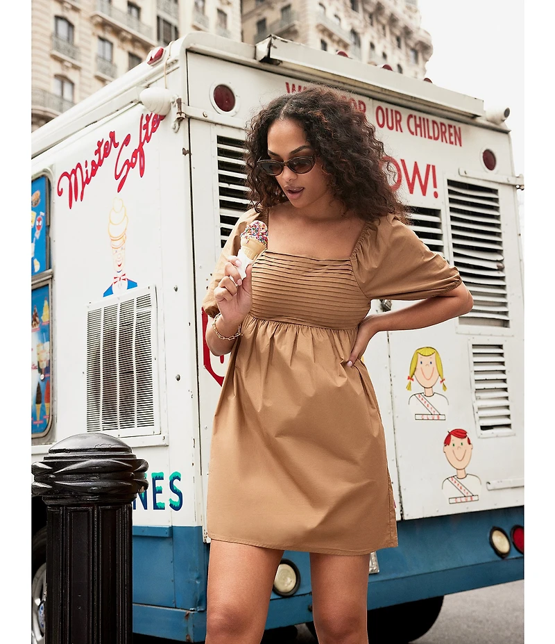 Steve Madden Inara Square Neck Short Sleeve Smocked Mini Babydoll Dress