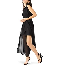 Steve Madden Issey Crew Neck Woven Mesh Sleeveless Belted Midi Dress