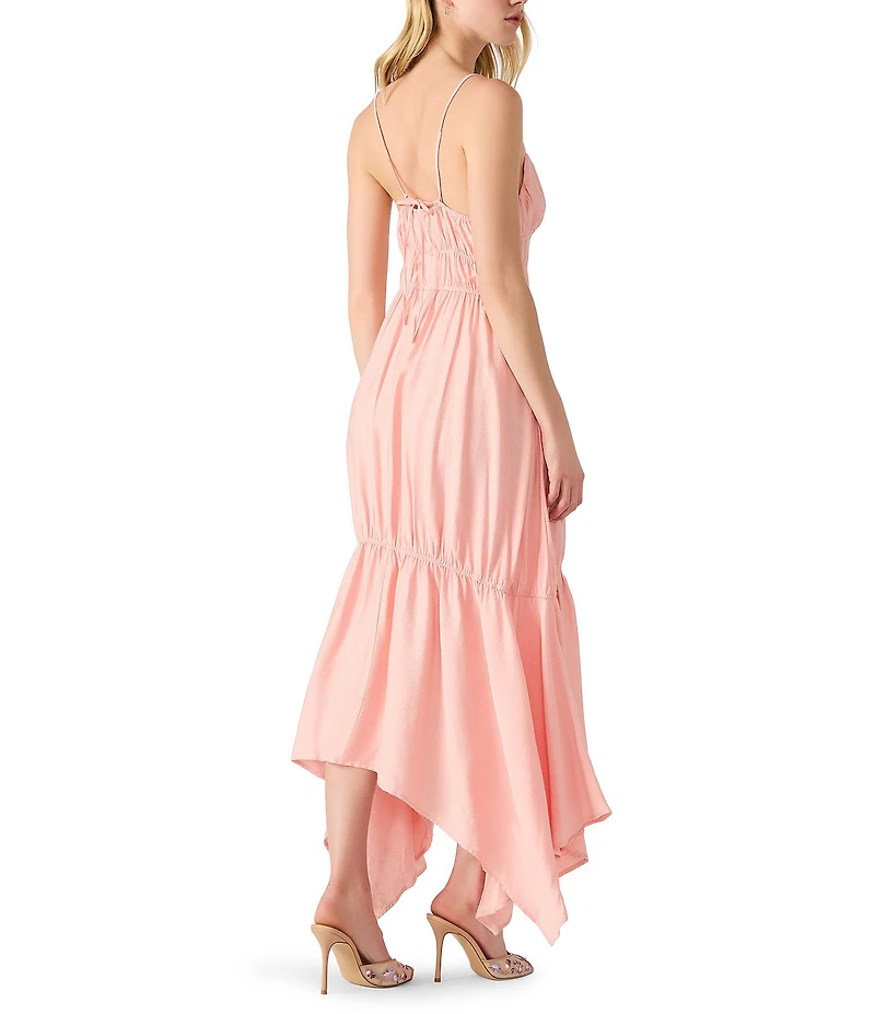 Steve Madden Jackie Rayon Crepe Sweetheart Neck Smocked Hanky Hem Midi Dress