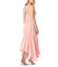 Steve Madden Jackie Rayon Crepe Sweetheart Neck Smocked Hanky Hem Midi Dress