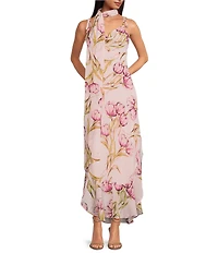 Steve Madden Jaila Floral Print Cowl Neck Sleeveless Scarf Maxi Dress