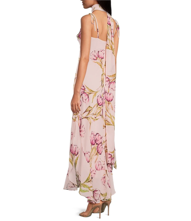 Steve Madden Jaila Floral Print Cowl Neck Sleeveless Scarf Maxi Dress