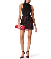 Steve Madden Janette Crepe Satin Floral Printed Lace Overlay Mini Skirt