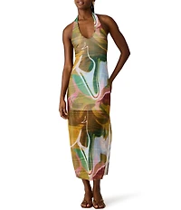 Steve Madden Jaslyn Printed Mesh Halter Neck Sleeveless Fitted Midi Dress