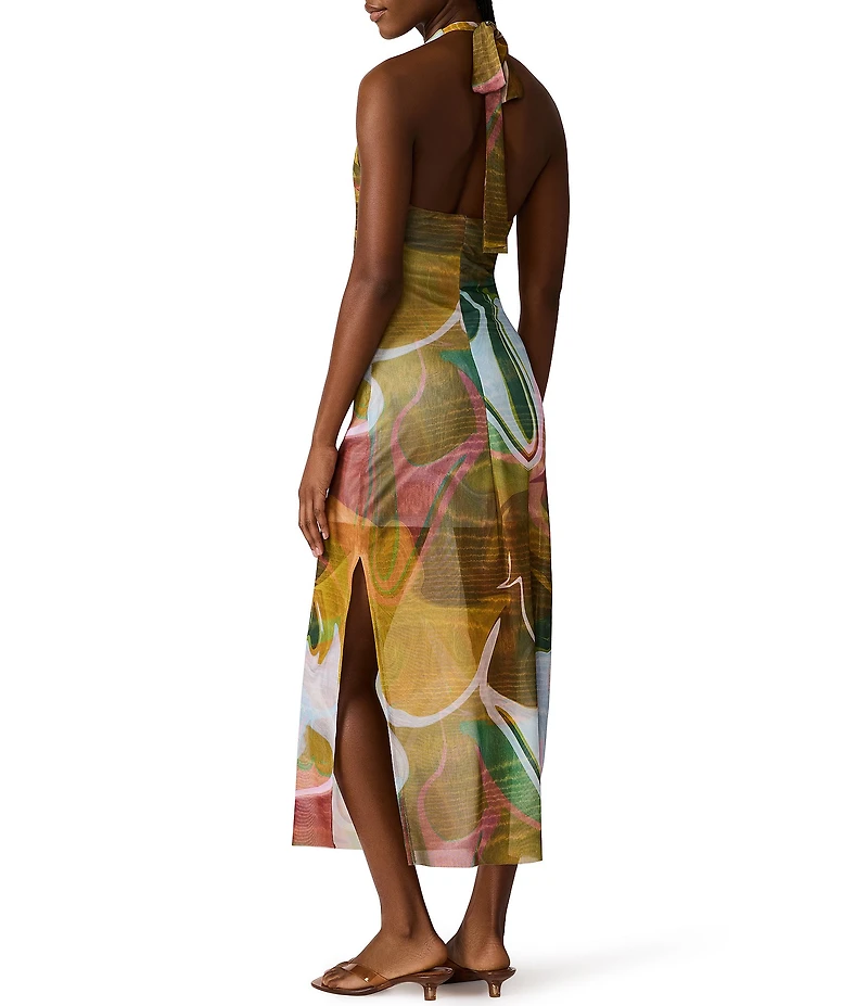 Steve Madden Jaslyn Printed Mesh Halter Neck Sleeveless Fitted Midi Dress