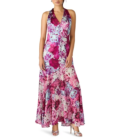 Steve Madden Jesika Woven Sleveless Halter Floral Sheath Maxi Dress