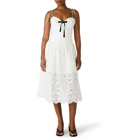 Steve Madden Juliara Embroidered Eyelet Sweetheart Neck Sleeveless Drop Waist Midi Dress