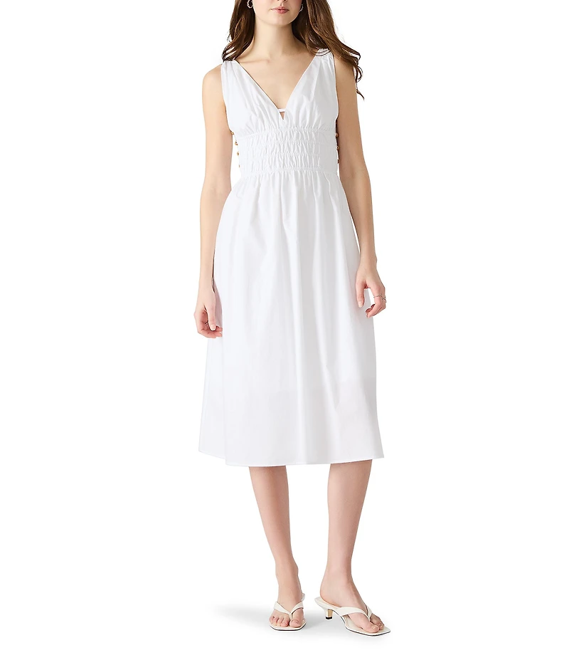 Steve Madden Kassie Bead Embellishment Smocked V-Neck Sleeveless Poplin Dress