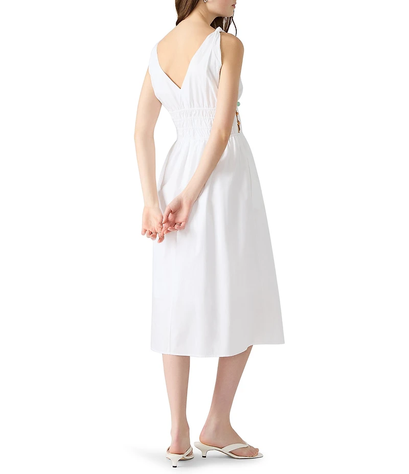 Steve Madden Kassie Bead Embellishment Smocked V-Neck Sleeveless Poplin Dress