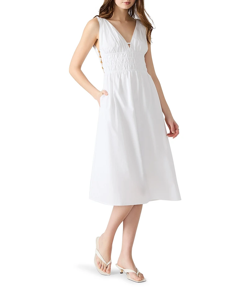 Steve Madden Kassie Bead Embellishment Smocked V-Neck Sleeveless Poplin Dress