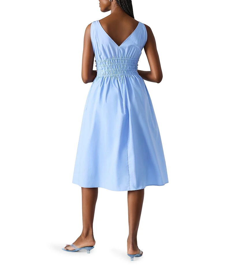 Steve Madden Kassie Bead Embellishment Smocked V-Neck Sleeveless Poplin Dress