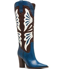 Steve Madden Kaz Lizard Embossed Leather Tall Block Heel Western Boots