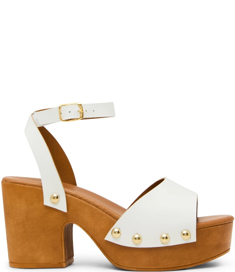 Steve Madden Kealey Leather Studded Wood Platform Block Heel Sandals
