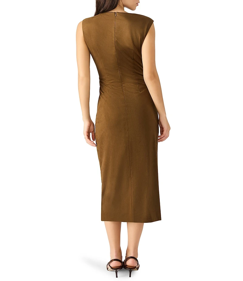 Steve Madden Keegan Crew Neck Sleeveless Ruched Knit Sheath Midi Dress