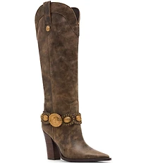 Steve Madden Kelsee Distressed Leather Western Belt Hardware Knee High Western Boots