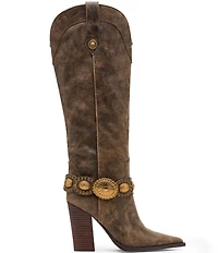 Steve Madden Kelsee Distressed Leather Western Belt Hardware Knee High Western Boots