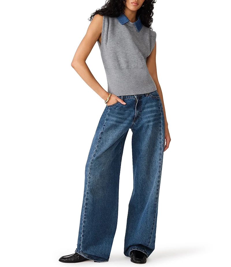 Steve Madden Kelson Denim Collared Cap Sleeve Sweater Vest Top