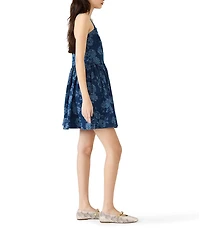 Steve Madden Kiona Laser Engraved Floral Square Neck Sleeveless Denim A-Line Mini Dress