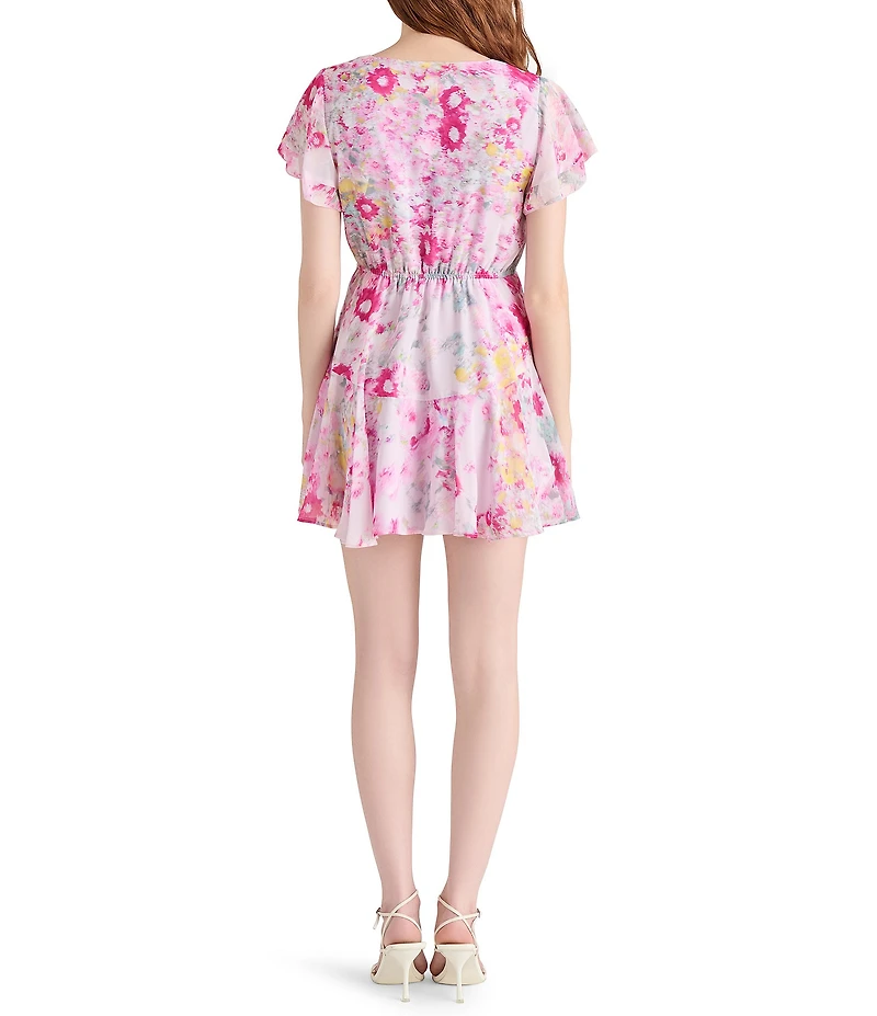 Steve Madden Kirsty Floral V-Neck Short Sleeve Chiffon Mini Dress
