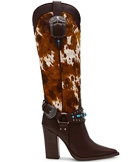 Steve Madden Kolt Leather Cow Print Haircalf Studded Belt Hardware Western Tall Boots