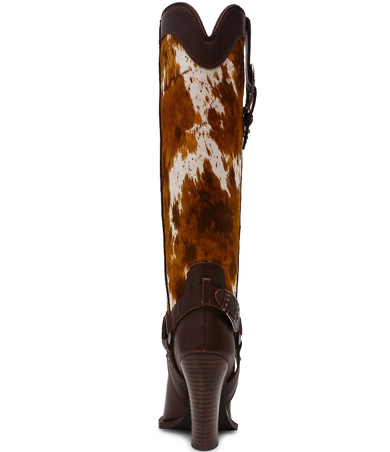 Steve Madden Kolt Leather Cow Print Haircalf Studded Belt Hardware Western Tall Boots