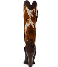 Steve Madden Kolt Leather Cow Print Haircalf Studded Belt Hardware Western Tall Boots