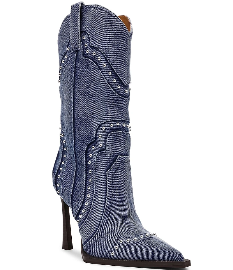 Steve Madden Kylar Distressed Denim Studded Western Boots