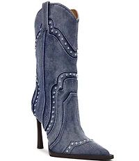 Steve Madden Kylar Distressed Denim Studded Western Boots