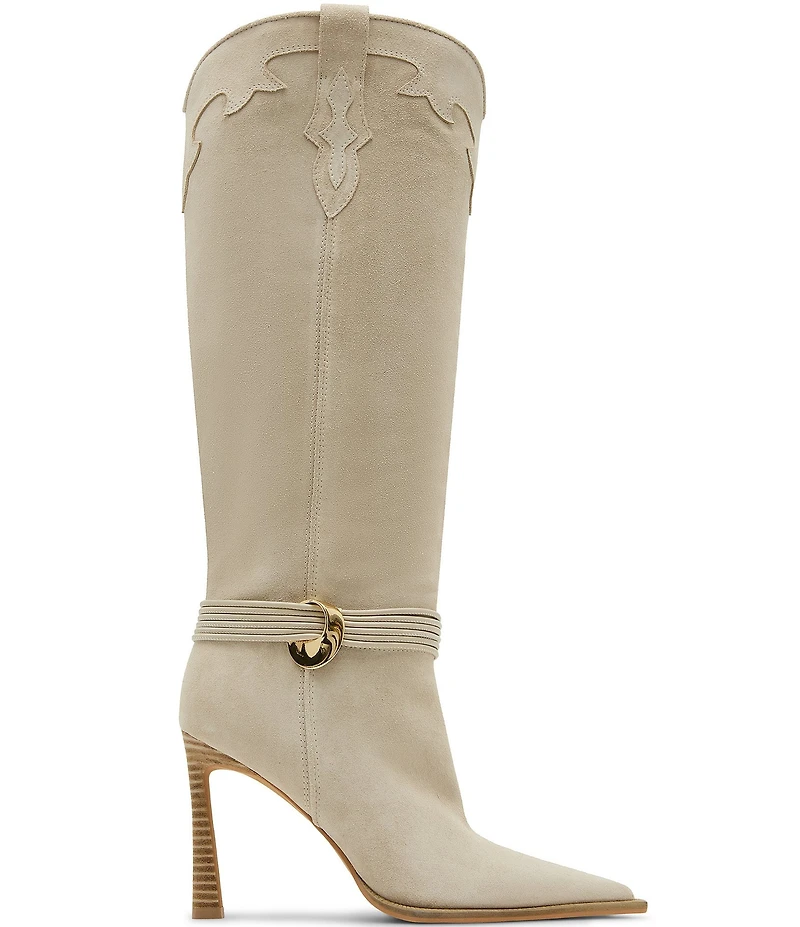 Steve Madden Kyndall Suede Hardware Strap Pointed Toe Tall Western Boots