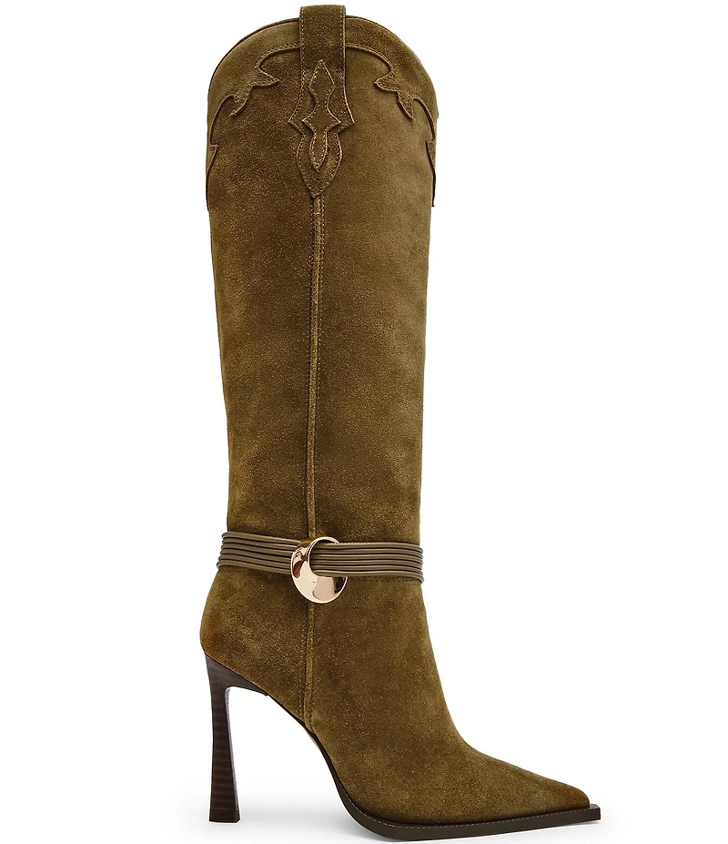 Steve Madden Kyndall Suede Hardware Strap Pointed Toe Tall Western Boots