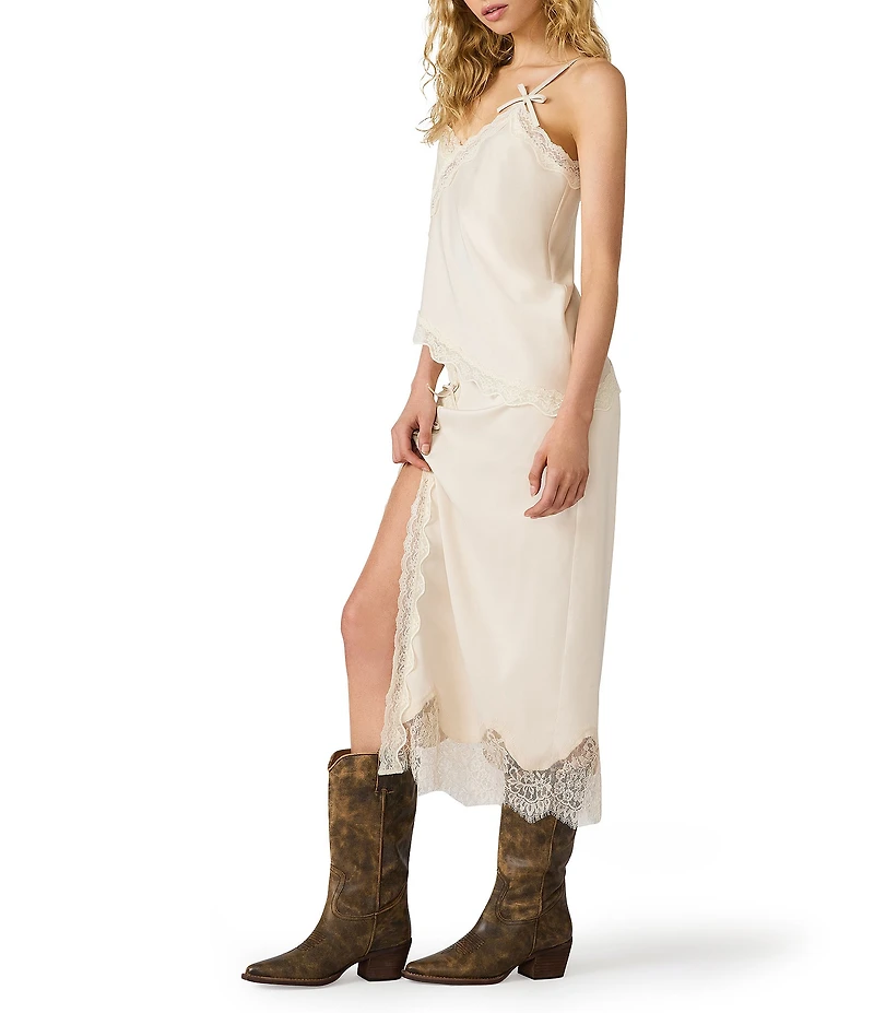 Steve Madden Lakely Satin V-Neck Sleeveless Lace Trim Coordinating Asymmetric Cami Top