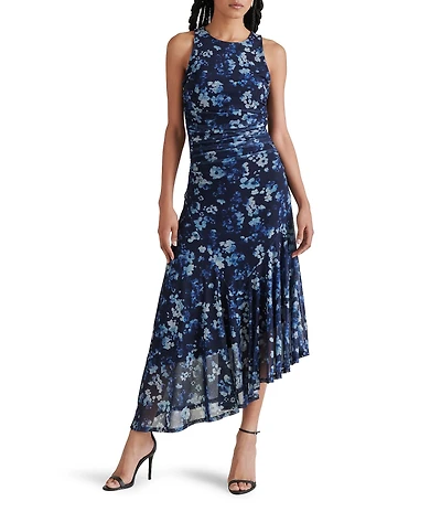 Steve Madden Laney Floral Print Crew Neck Sleeveless Mesh Asymmetrical Hem Dress