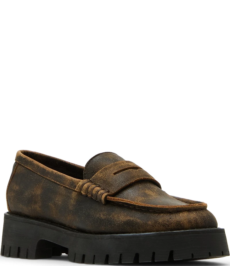 Steve Madden Langsten Distressed Leather Platform Lug Sole Penny Loafers