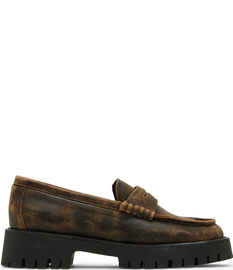 Steve Madden Langsten Distressed Leather Platform Lug Sole Penny Loafers
