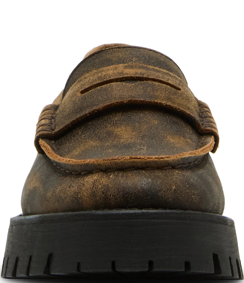 Steve Madden Langsten Distressed Leather Platform Lug Sole Penny Loafers