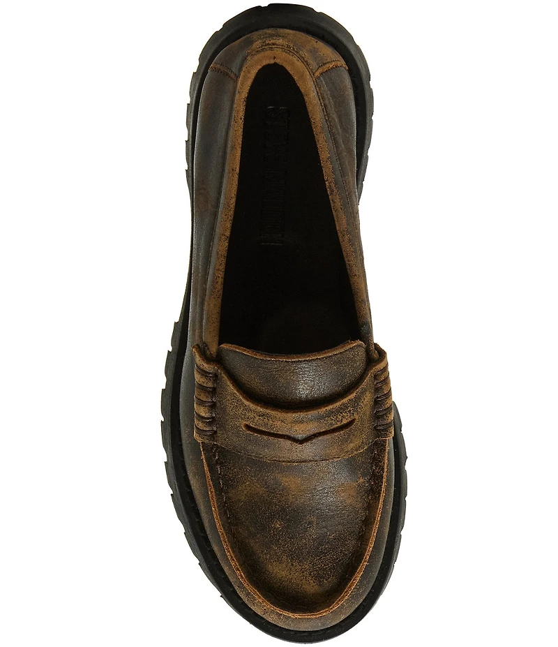 Steve Madden Langsten Distressed Leather Platform Lug Sole Penny Loafers