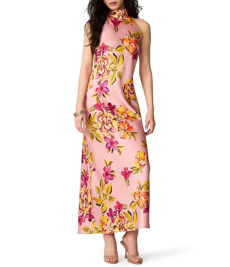 Steve Madden Lara Tropical Floral Print High Halter Neck Sleeveless Satin Maxi Dress