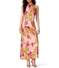 Steve Madden Lara Tropical Floral Print High Halter Neck Sleeveless Satin Maxi Dress