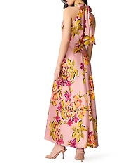 Steve Madden Lara Tropical Floral Print High Halter Neck Sleeveless Satin Maxi Dress