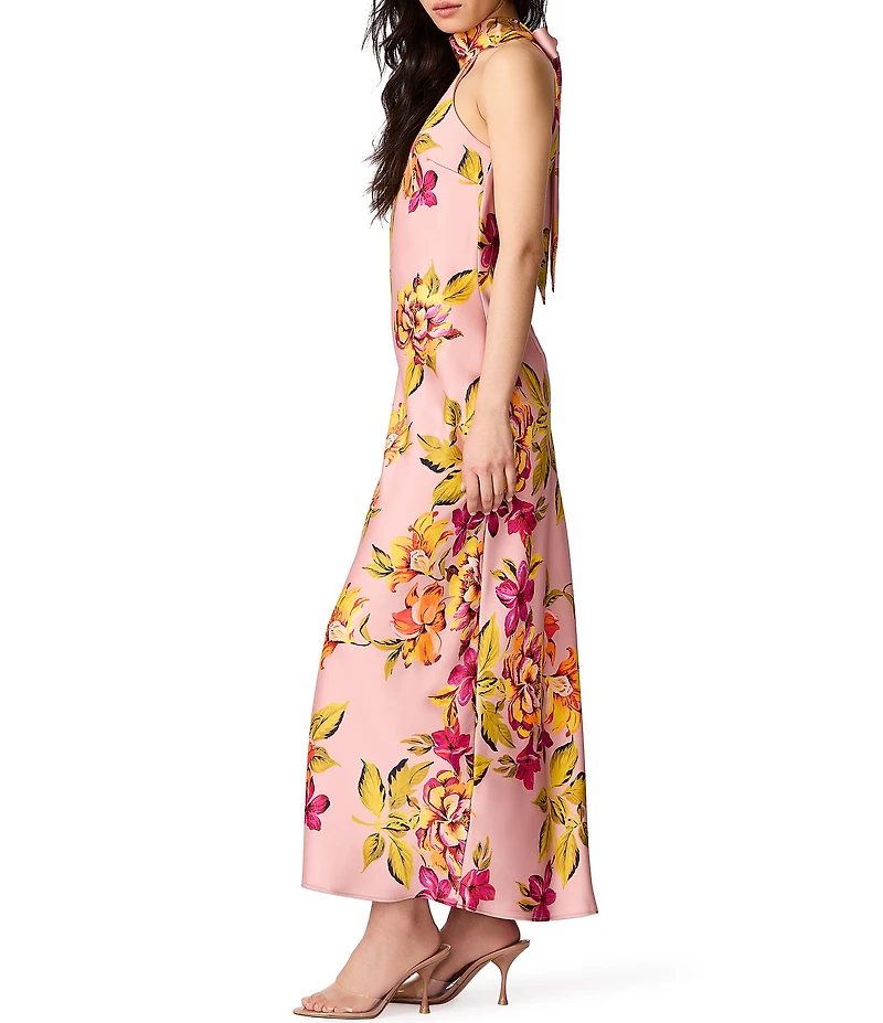 Steve Madden Lara Tropical Floral Print High Halter Neck Sleeveless Satin Maxi Dress