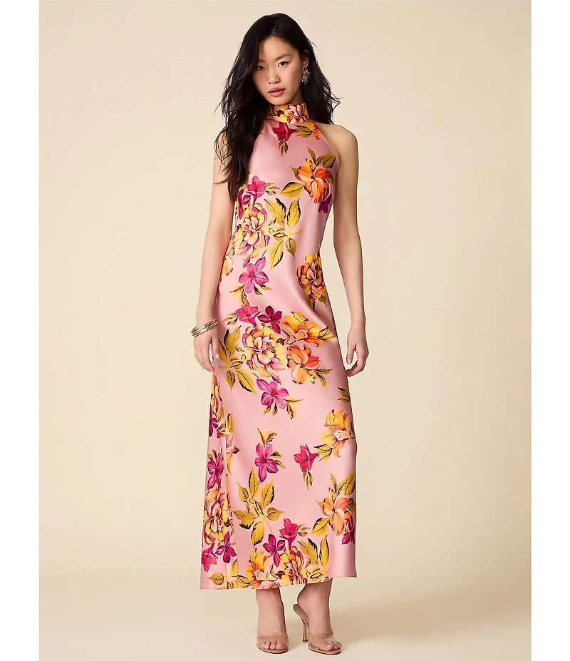 Steve Madden Lara Tropical Floral Print High Halter Neck Sleeveless Satin Maxi Dress