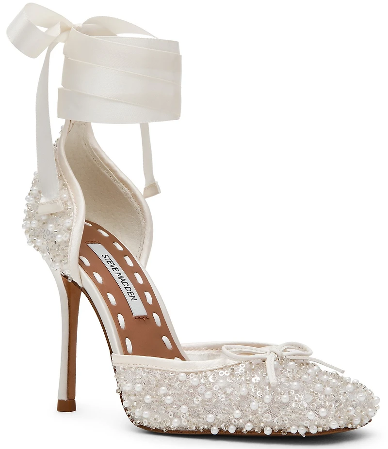 Steve Madden Larina Pearl Embellished Square Toe Stiletto Lace Up Dress Pumps