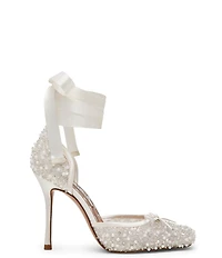 Steve Madden Larina Pearl Embellished Square Toe Stiletto Lace Up Dress Pumps