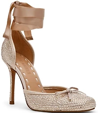 Steve Madden Larina Satin Rhinestone Ballet Square Toe Stiletto Lace Up Dress Pumps